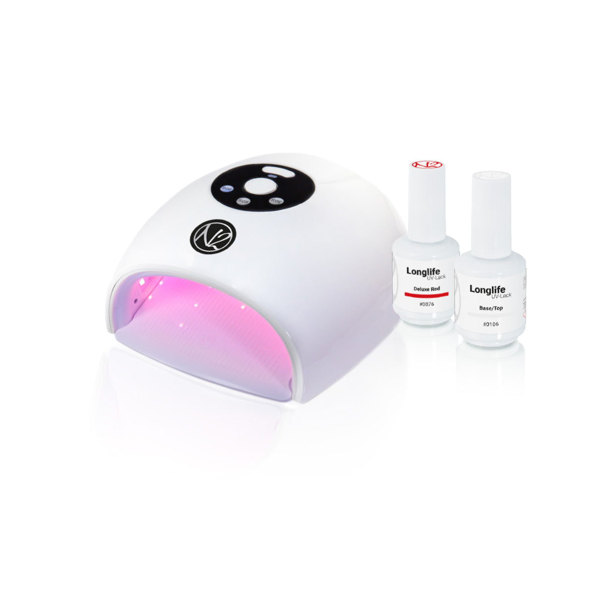 UV/LED Lampe zum Aushärten von Gelen im Set mit zwei UV-Lacken.