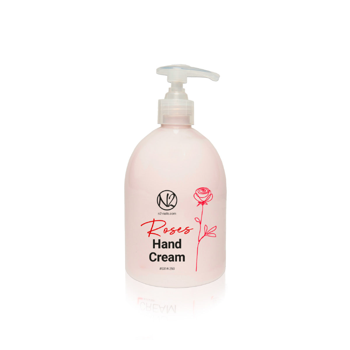 Transparenter Handcreme Pumpspender mit Rosenhandcreme und  N2 Logo als Aufschrift. 