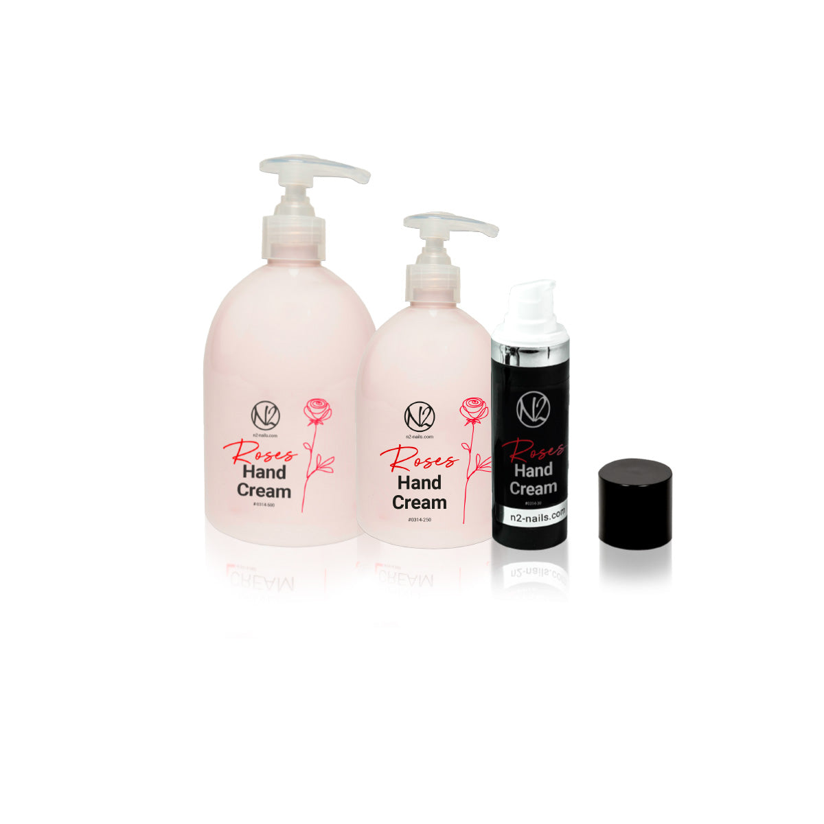 Drei verschiedene Handcreme Pumpspender mit Rosenhandcreme und  N2 Logo als Aufschrift. 