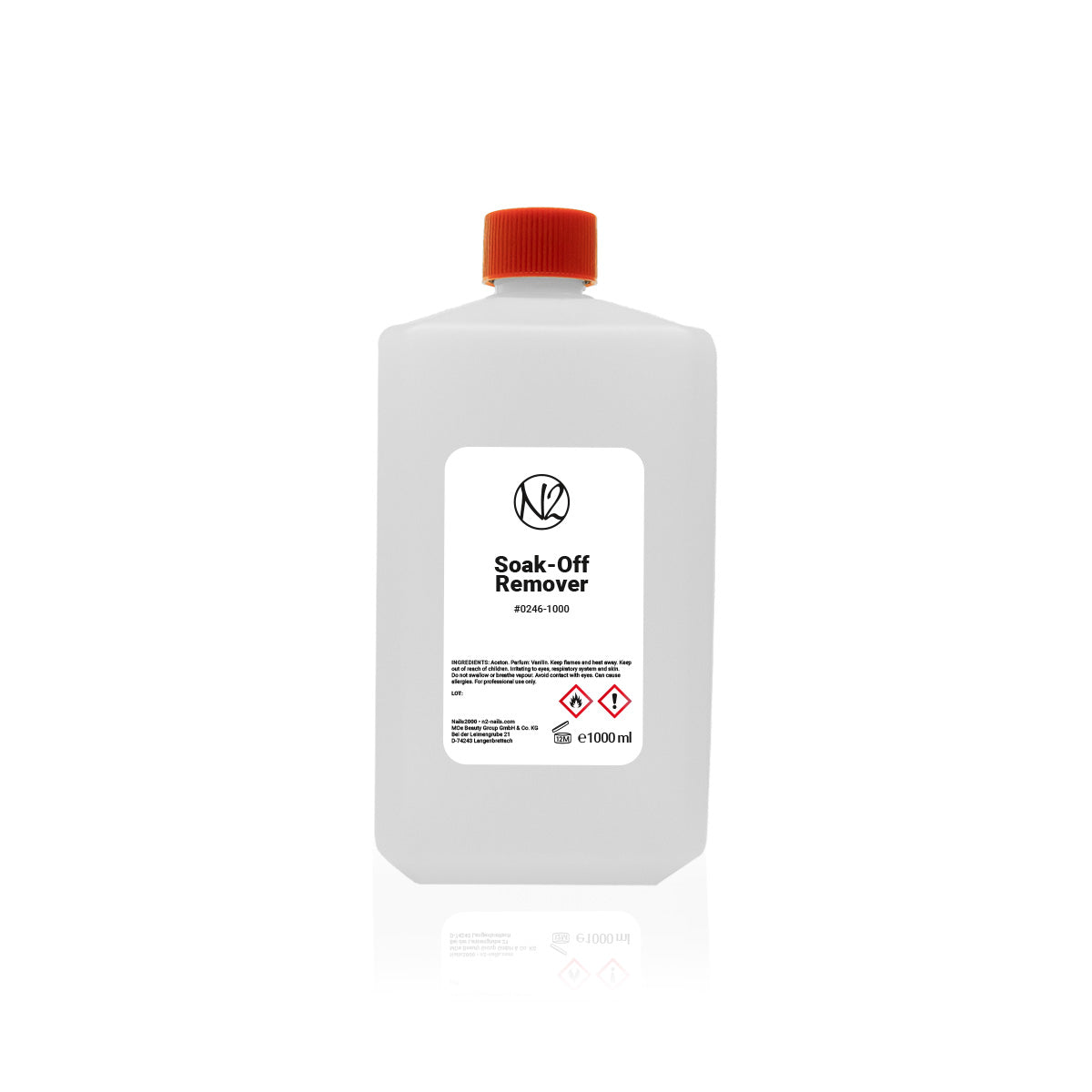 Eine 1000ml Flasche mit Drehverschluss mit Soak-Off Remover, bei welcher die Warnhinweise auf dem Etikett stehen. 