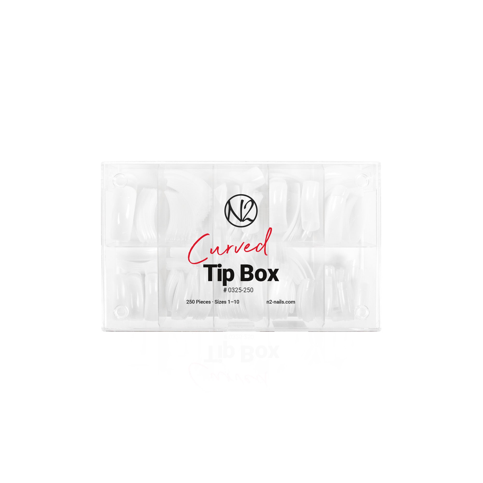 Tip Box gefüllt mti Curved Tips in einer Transparenten Box mit Unterteilern.